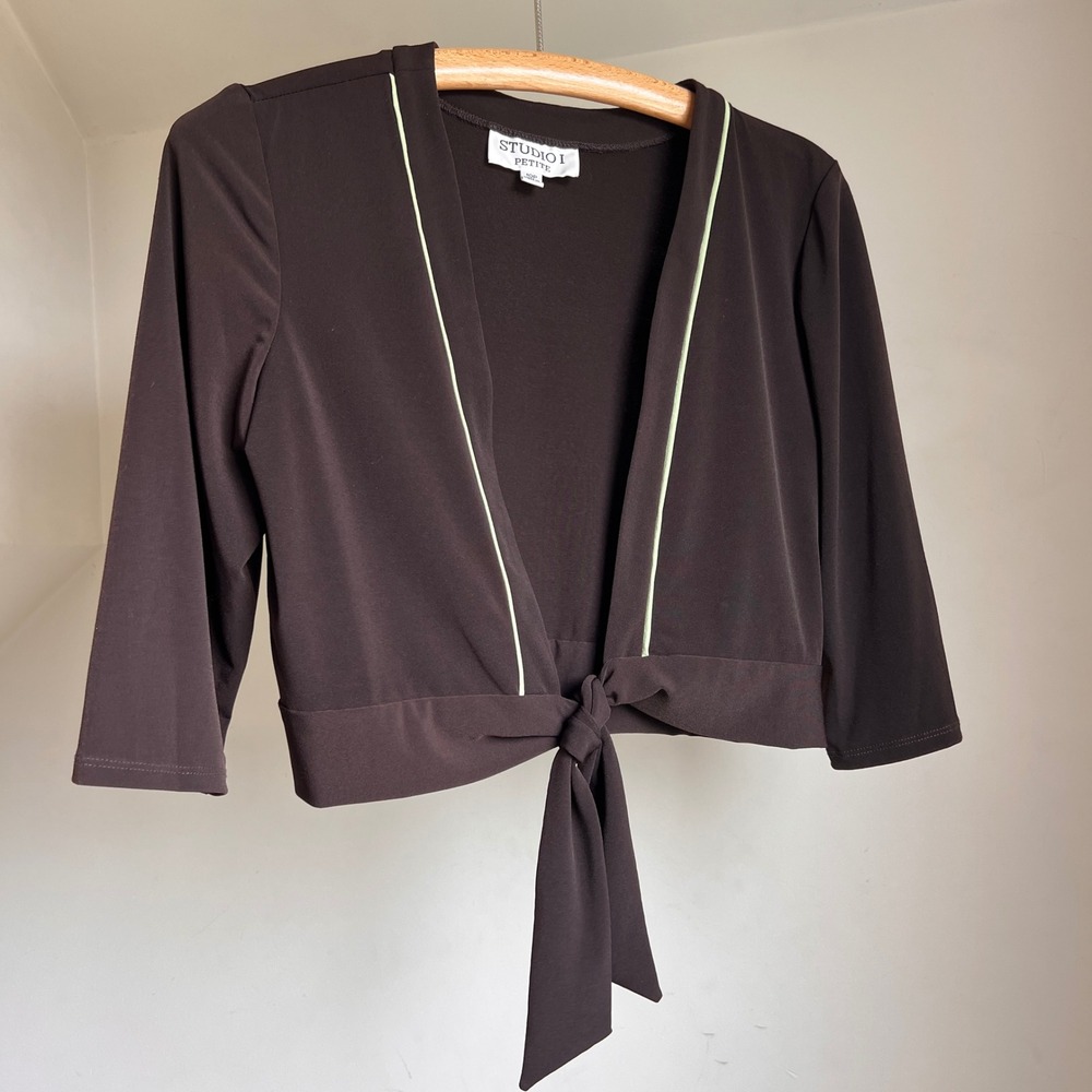 Vintage 90s Bolero Crop Top Cardigan Brown Green‎ Front Tie Shrug 3/4 Sleeve